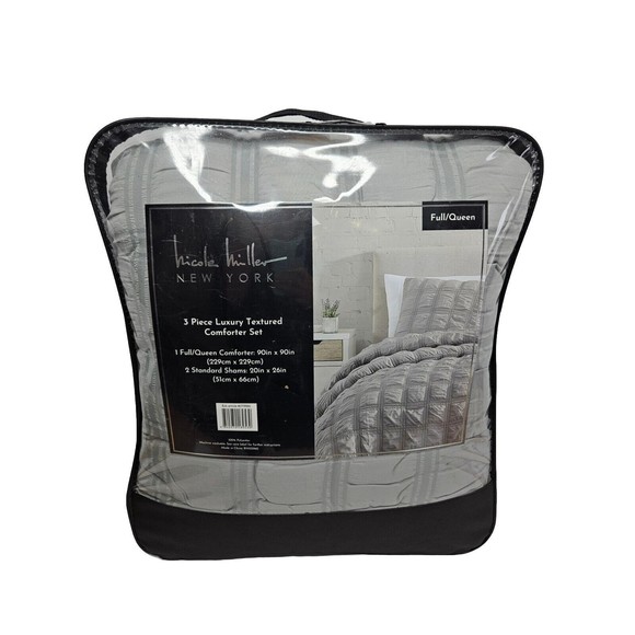 Nicole Miller Grey Full/Queen 3 Piece Luxury Textured Comforter Set, New - Picture 2 of 4